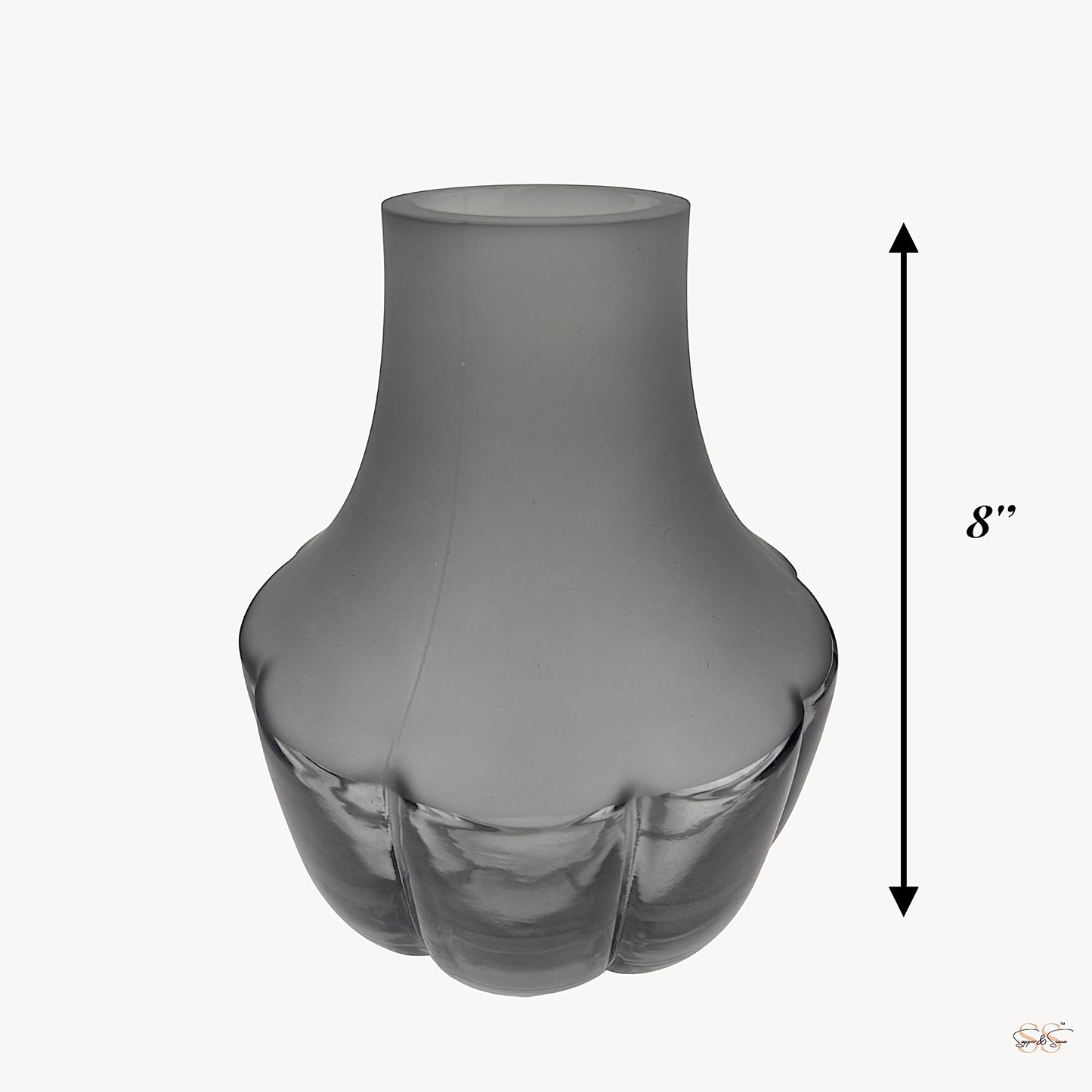 Medium height grey glass vase with a frosted finish and ribbed lower design shown against a plain background.