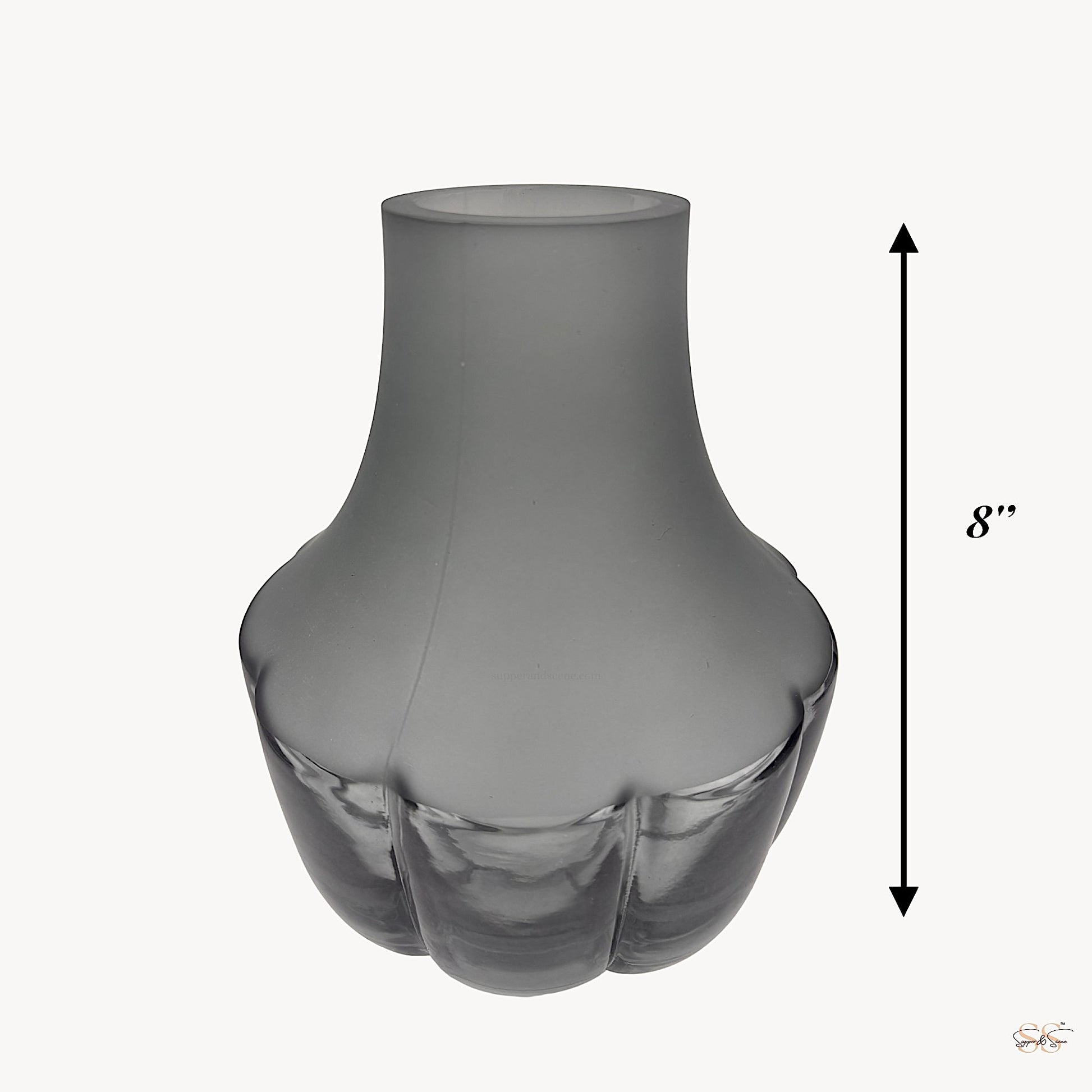 Medium height grey glass vase with a frosted finish and ribbed lower design shown against a plain background.