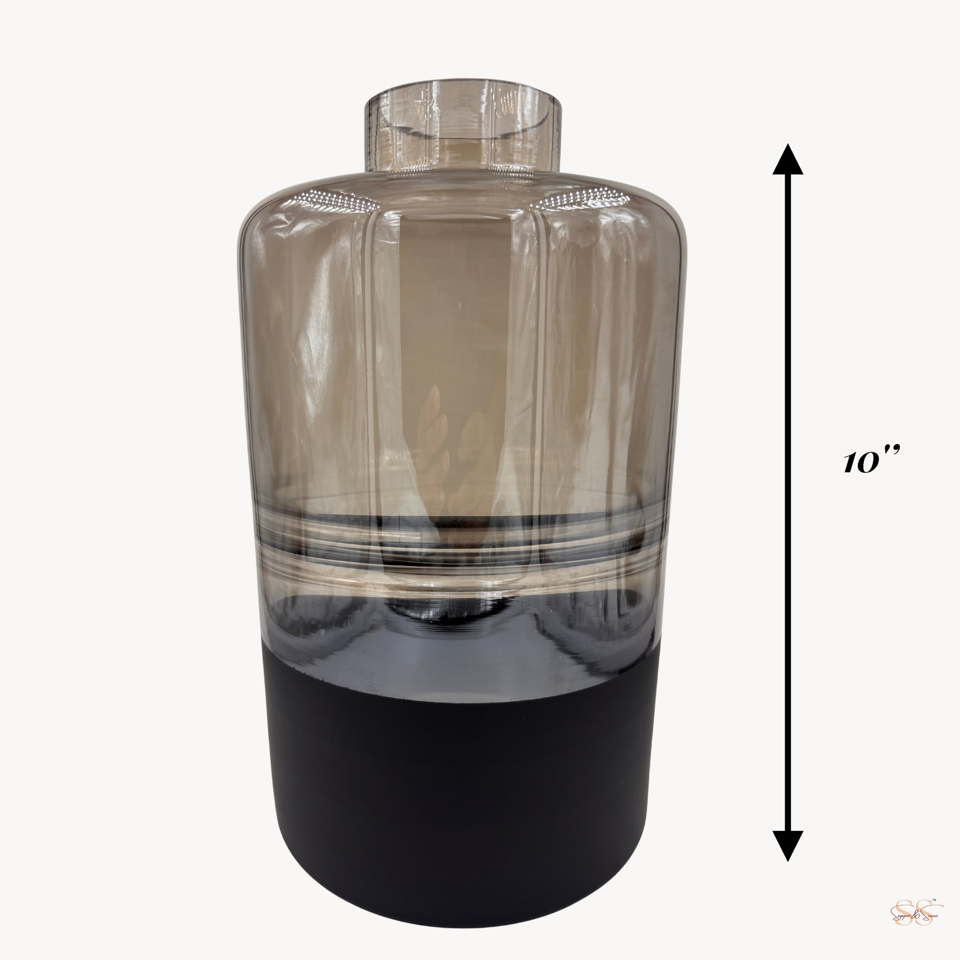 Full front view of a 10-inch smoked-glass vase with a cylindrical shape and black matte base, by Supper and Scene.