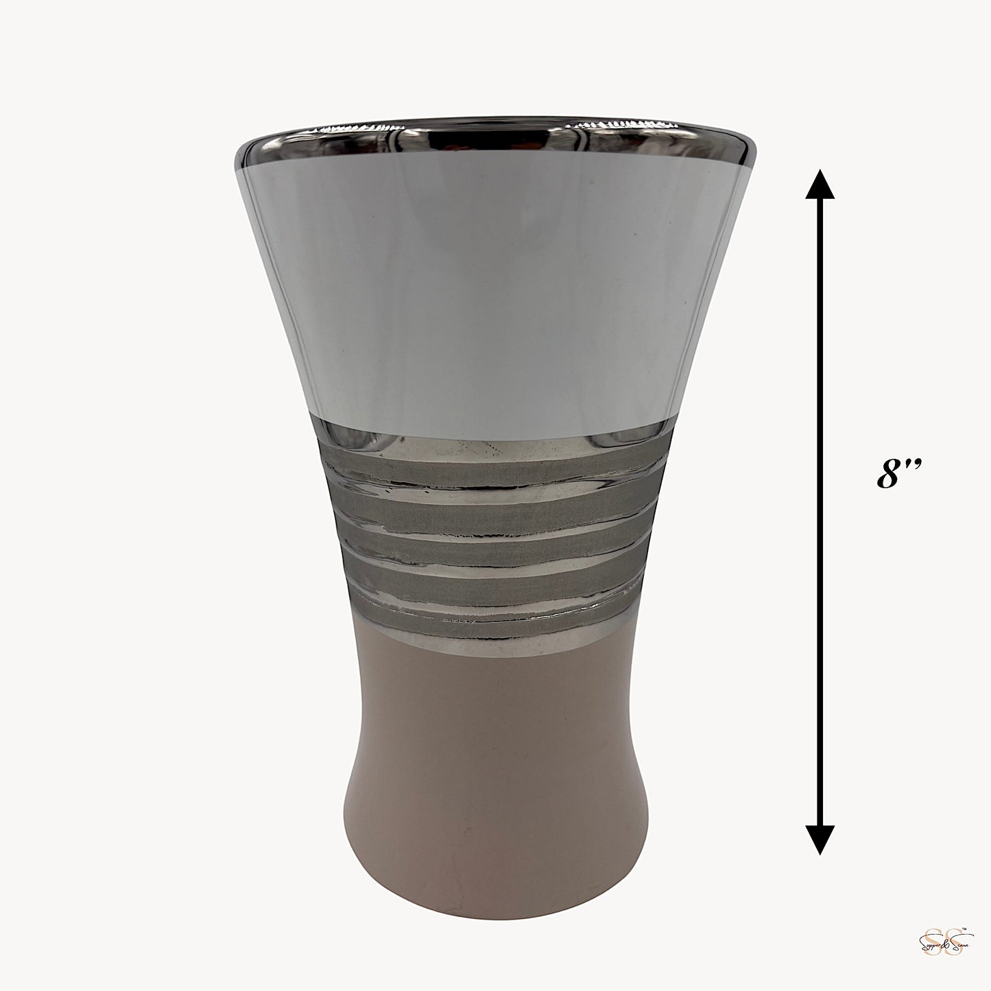 Full view of an 8-inch minimalist ceramic vase in white, silver, and taupe tones, designed for modern home styling by Supper & Scene.