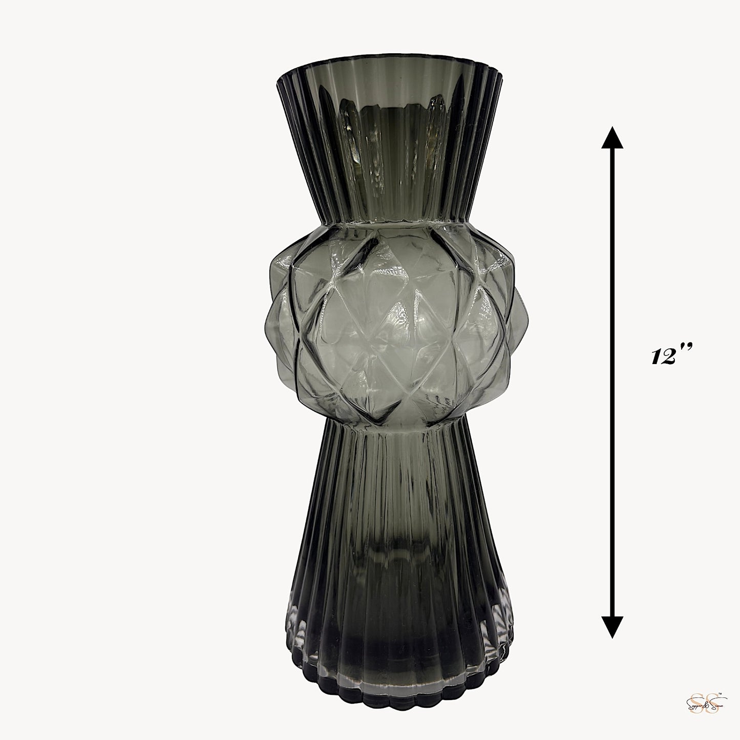 Tall 12-inch smoke-grey designer glass vase with ribbed detailing and a bold geometric centerpiece by Supper and Scene.