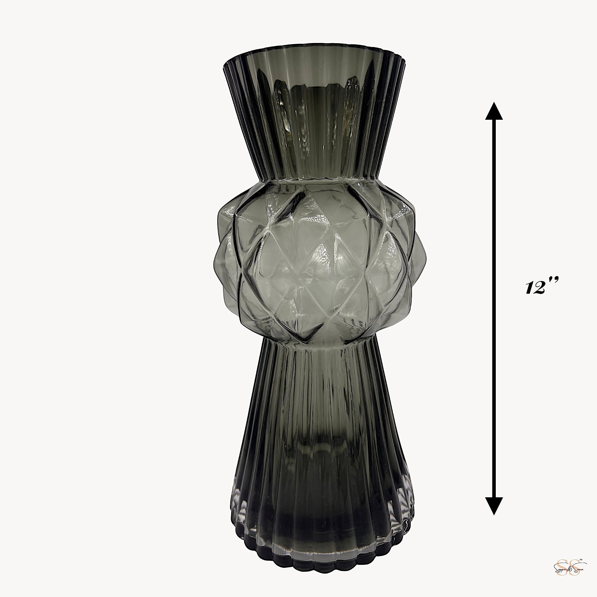 Tall 12-inch smoke-grey designer glass vase with ribbed detailing and a bold geometric centerpiece by Supper and Scene.