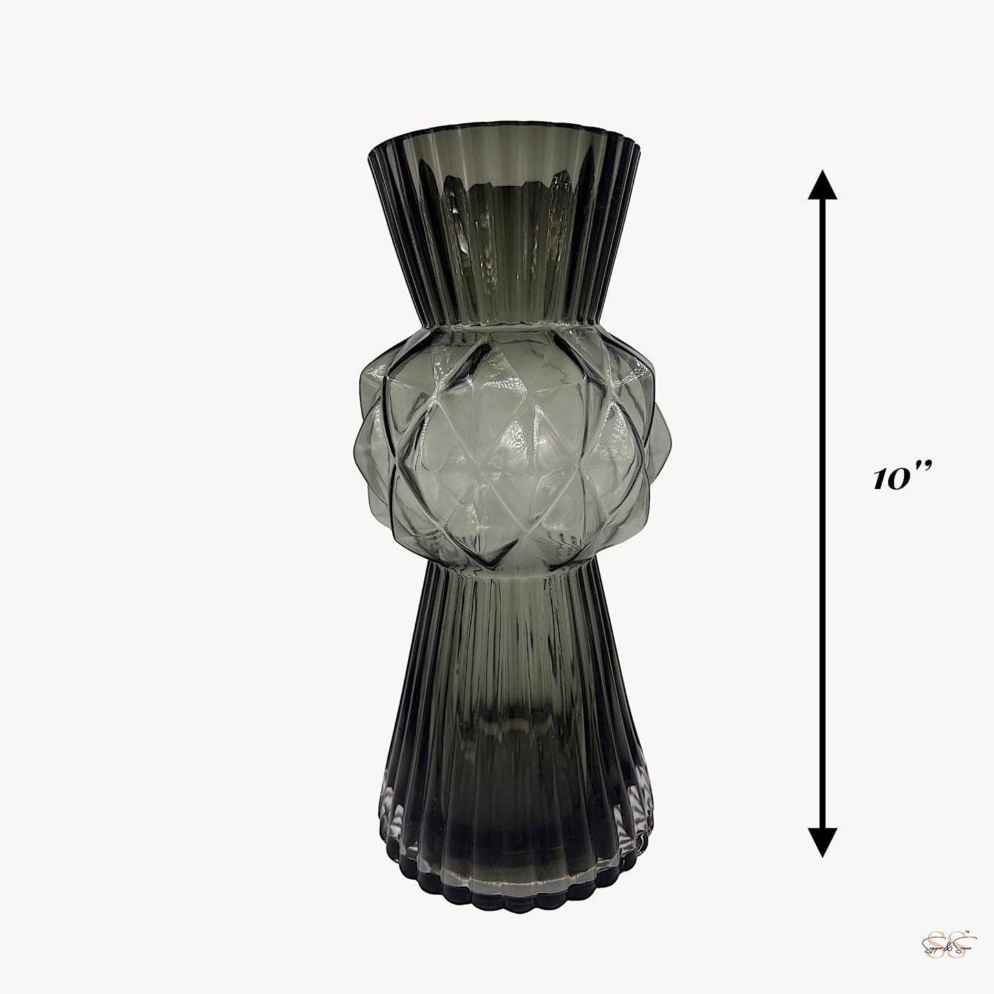 Modern smoke-grey glass vase with a fluted top and intricate geometric middle section, standing 10 inches tall by Supper and Scene.