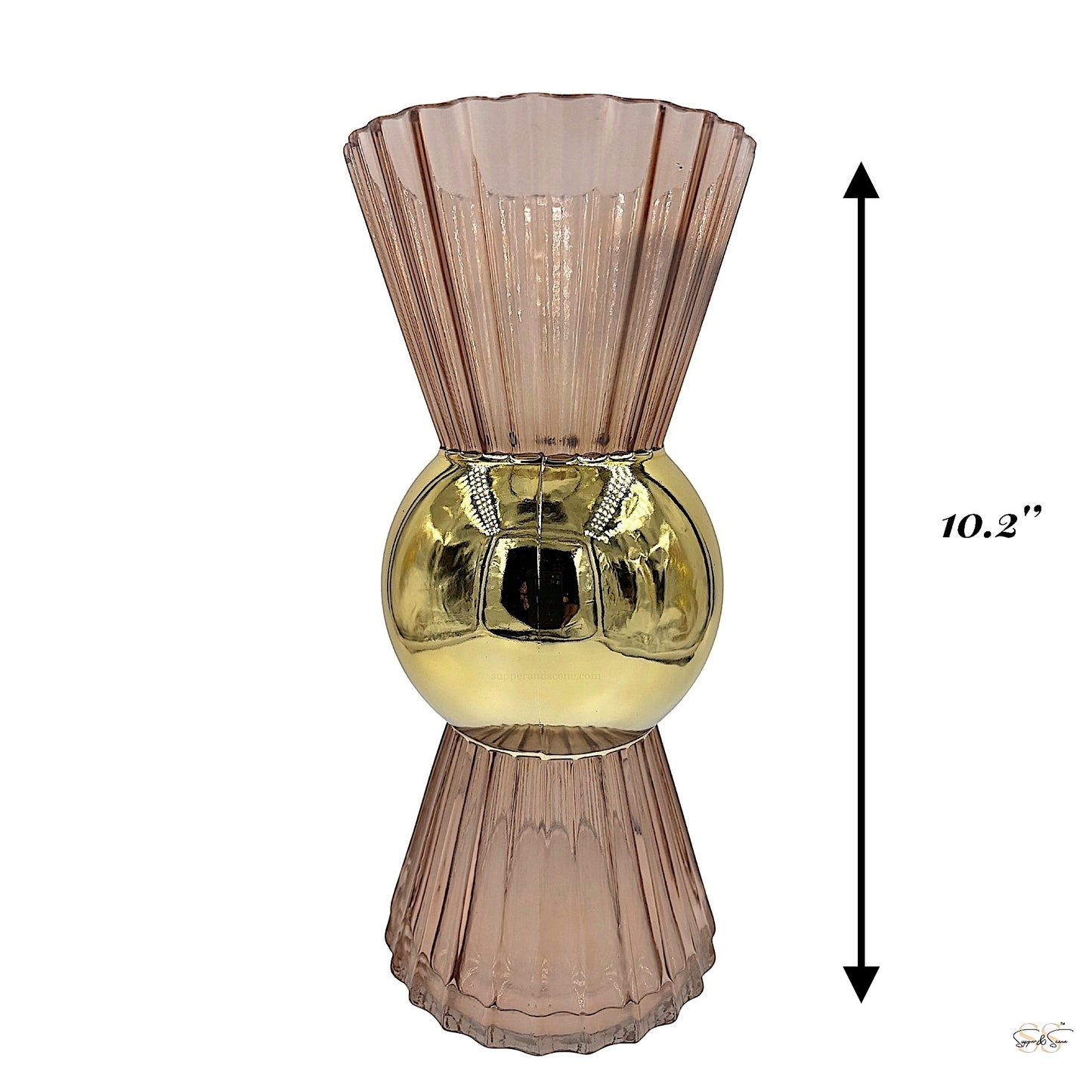 10.2 inches tall pink and gold hourglass-shaped glass vase with a ribbed design and central gold sphere by Supper & Scene.