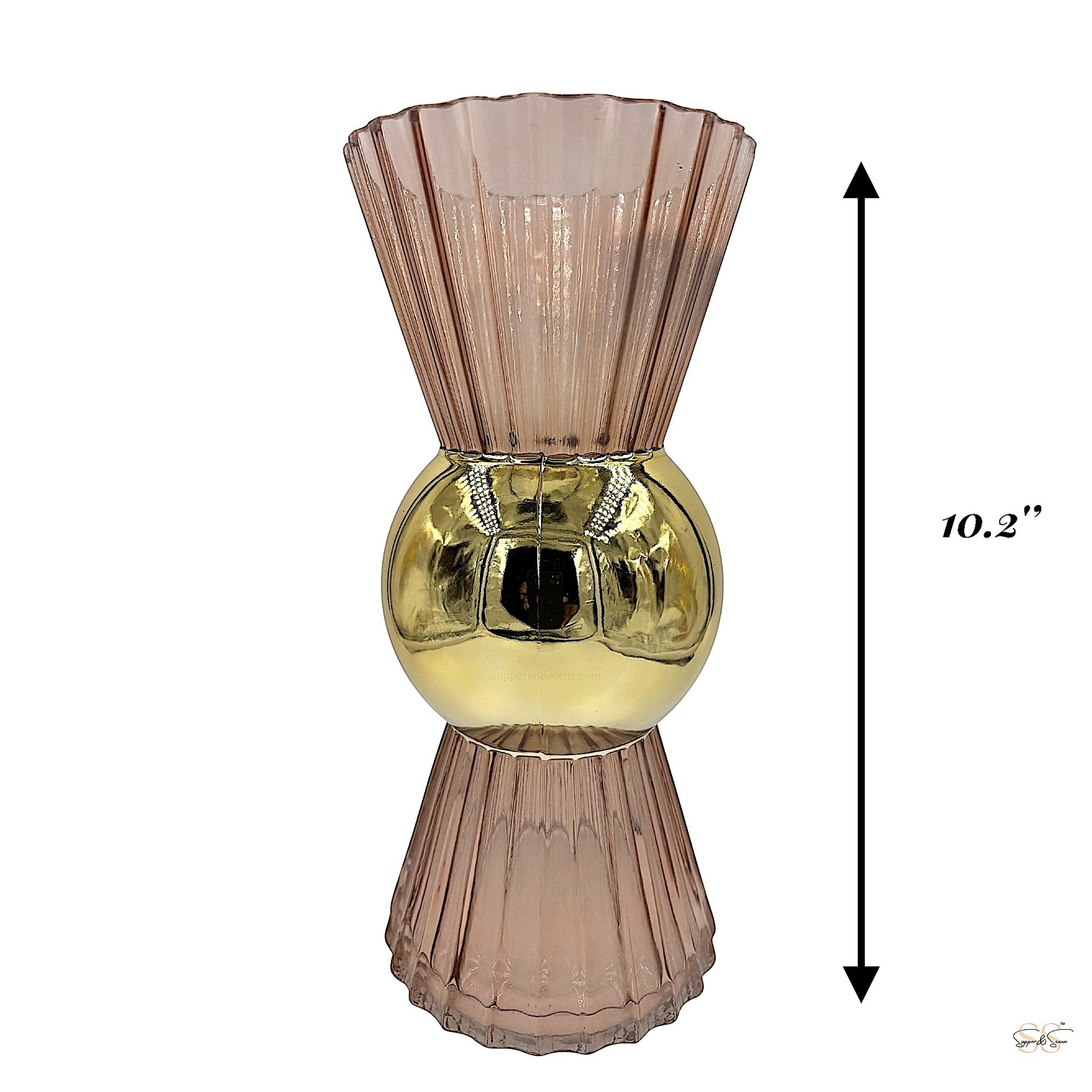 10.2 inches tall pink and gold hourglass-shaped glass vase with a ribbed design and central gold sphere by Supper & Scene.