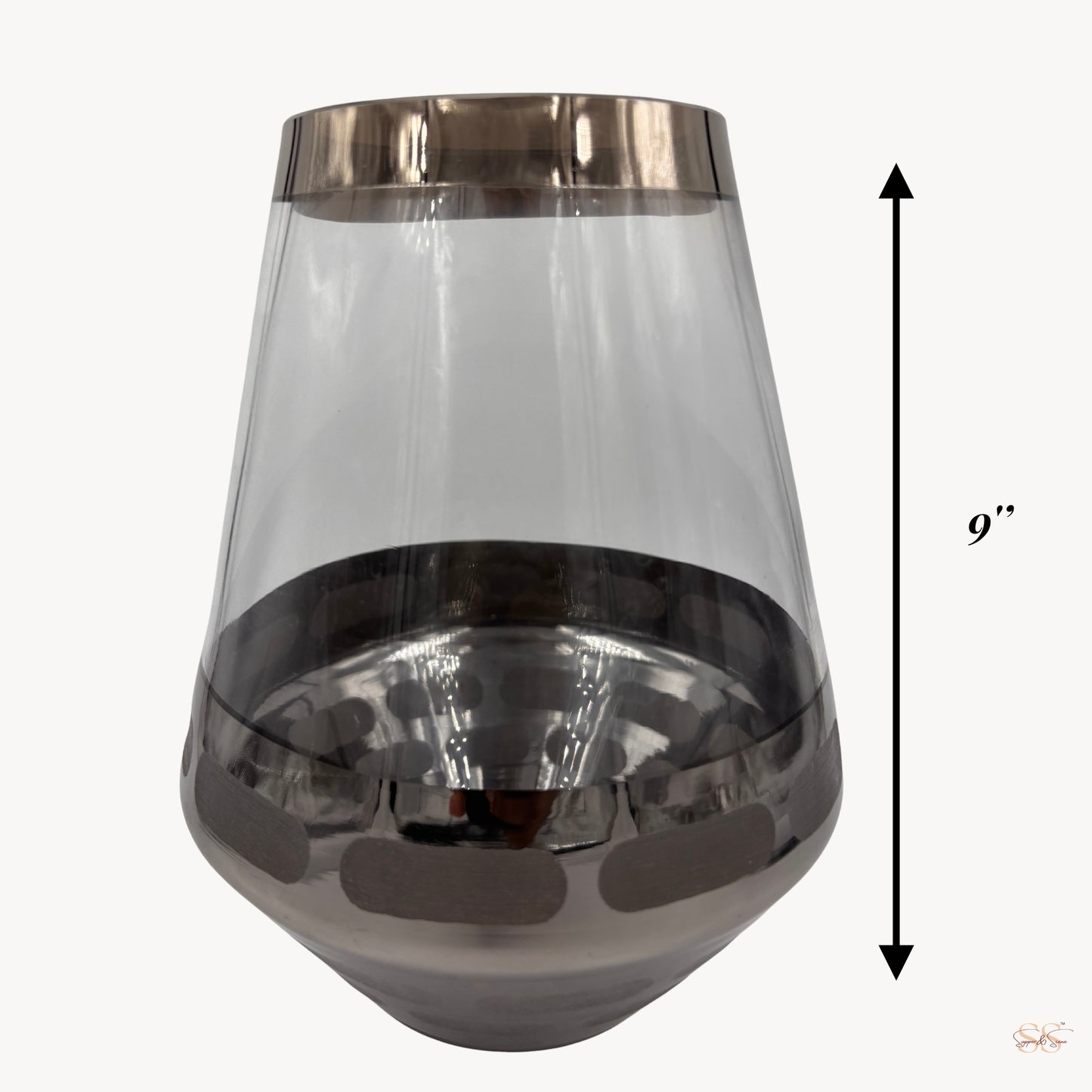 Full view of the 9-inch smoked-glass vase with silver metallic accents and a rounded tapered shape by Supper and Scene