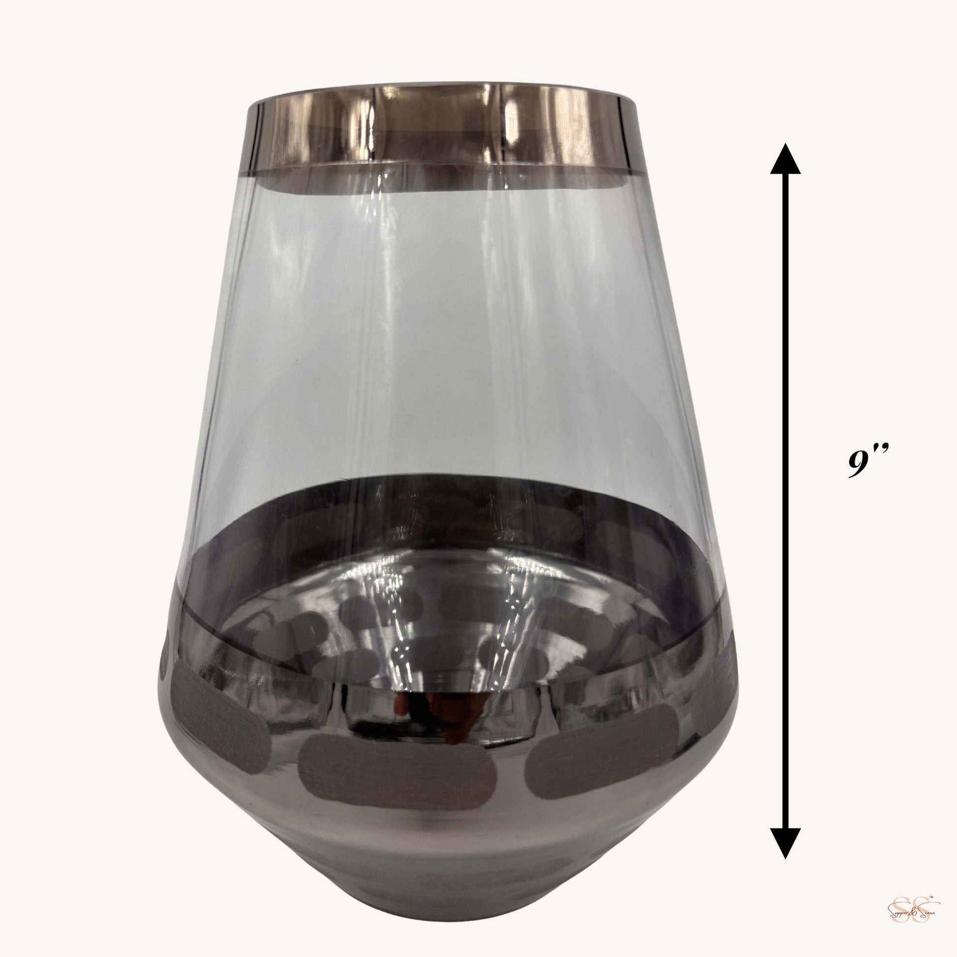 Full view of the 9-inch smoked-glass vase with silver metallic accents and a rounded tapered shape by Supper and Scene