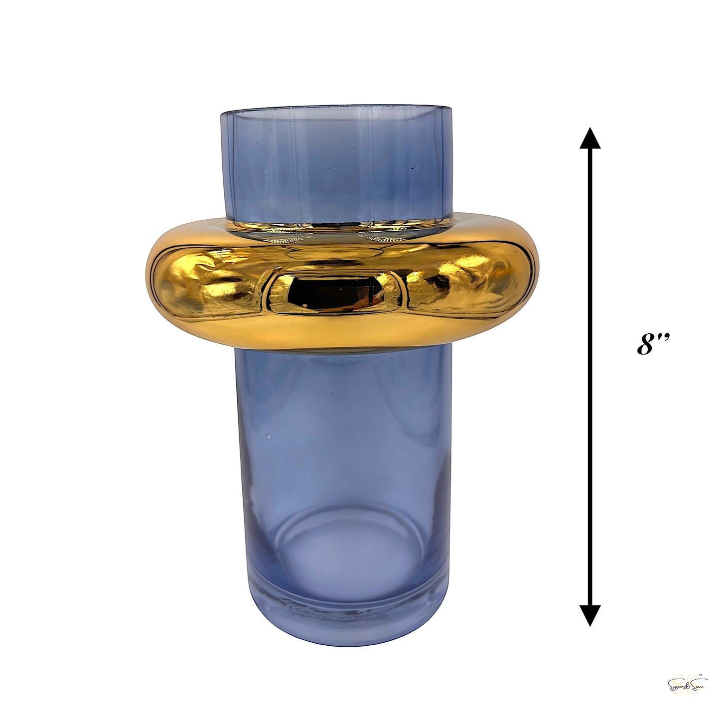 8in Blue and gold glass vase for floral arrangements by Supper & Scene.