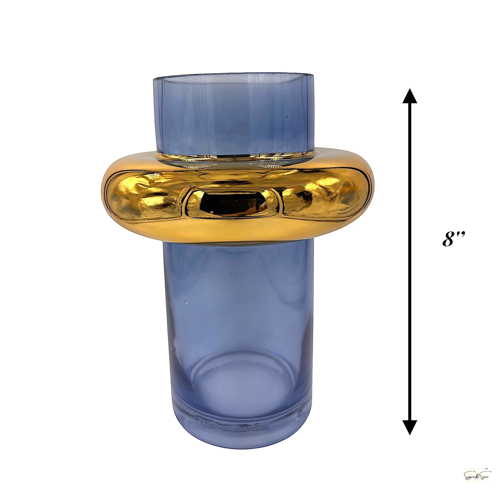 8in Blue and gold glass vase for floral arrangements by Supper & Scene.