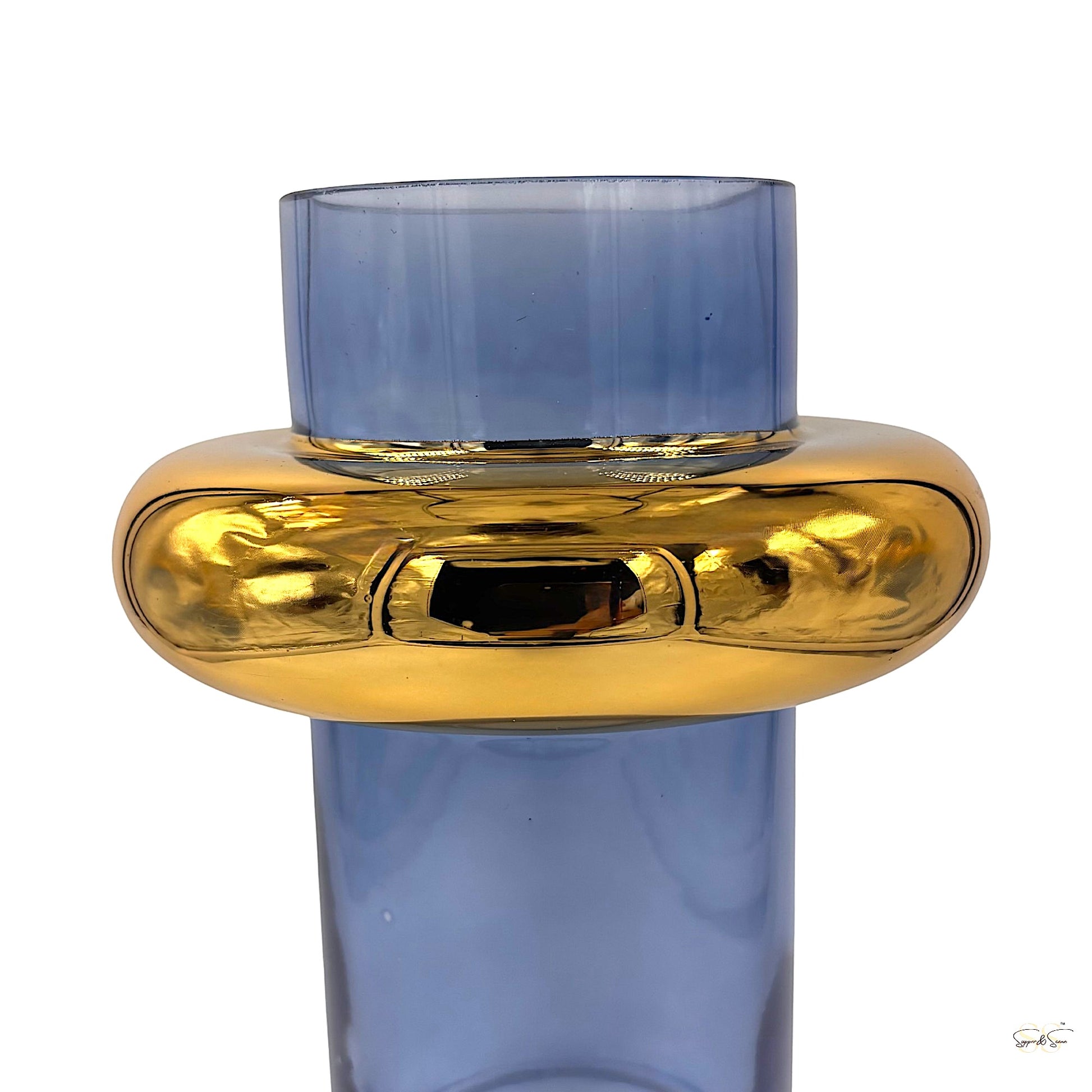 Blue glass decorative vase with gold accent ring for home styling by Supper & Scene.