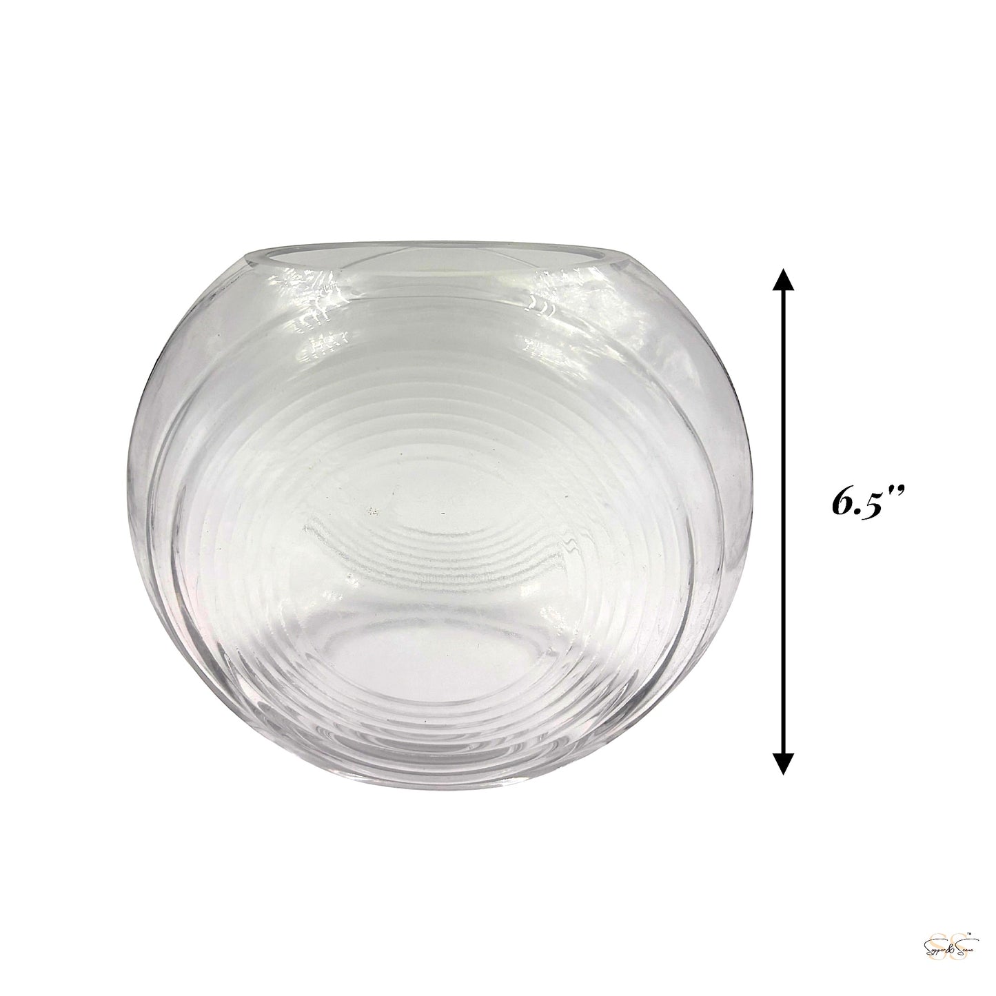 Clean front view of a 6.5-inch circular clear glass vase with concentric ribbed detailing by Supper and Scene.