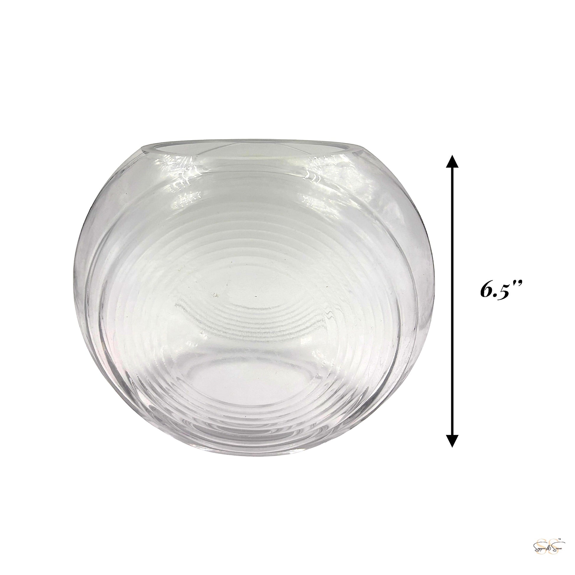 Clean front view of a 6.5-inch circular clear glass vase with concentric ribbed detailing by Supper and Scene.
