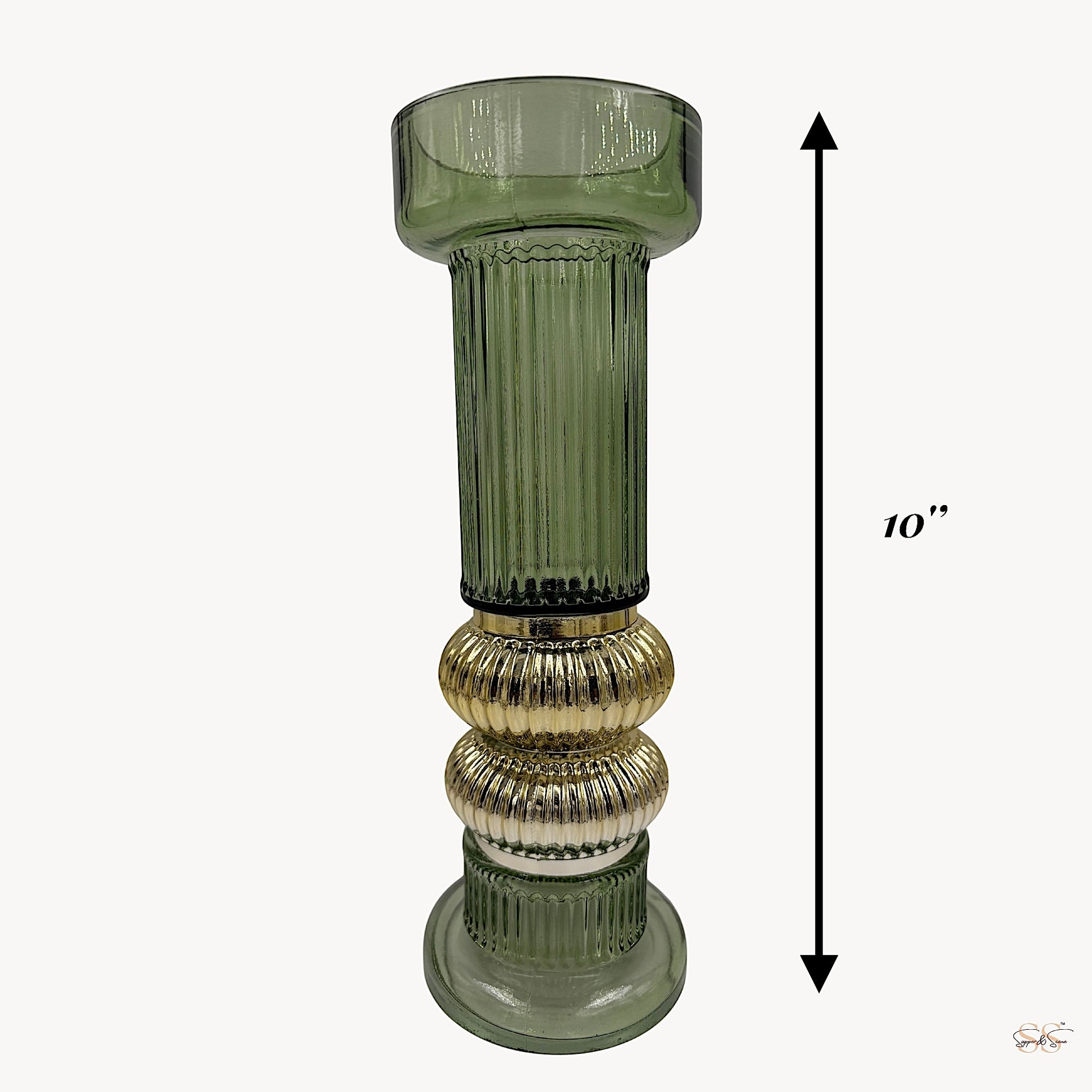 10-inch decorative green and gold ribbed glass vase for modern home décor by Supper & Scene.