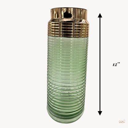 12-inch green ribbed glass vase with polished gold neck displayed against a plain background by Supper & Scene.