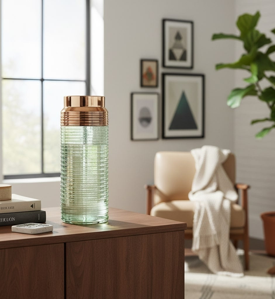 green vase with gold accent on a wooden surface in a room by supper and scene