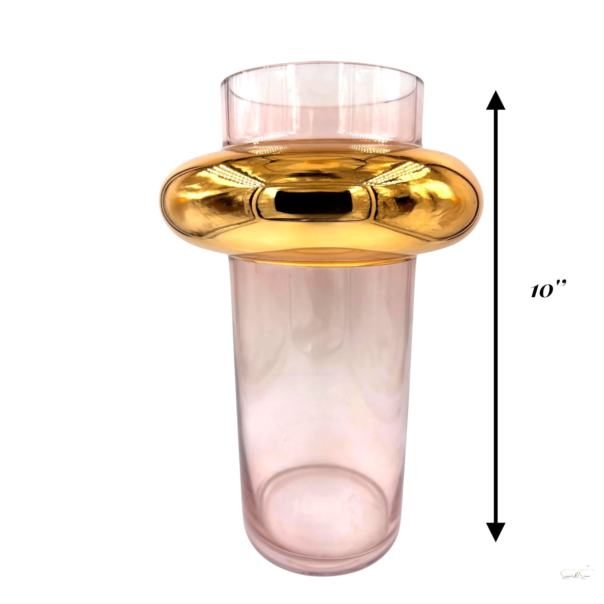 Tall modern pink glass vase with a statement gold center ring, displayed with a height of 10 inches for size reference by Supper & Scene.