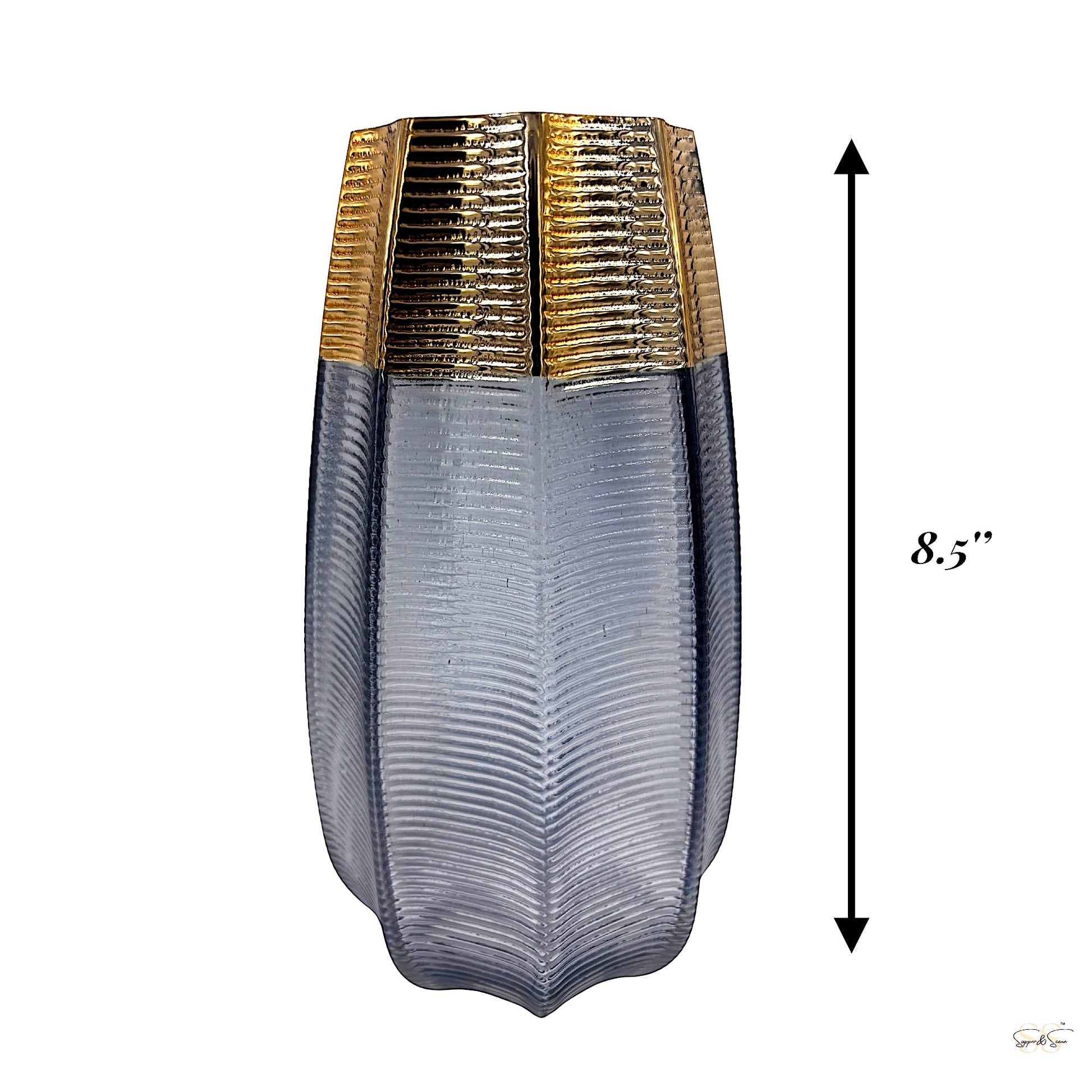 blue and gold geometric glass vase standing 8.5 inches tall by Supper & Scene.