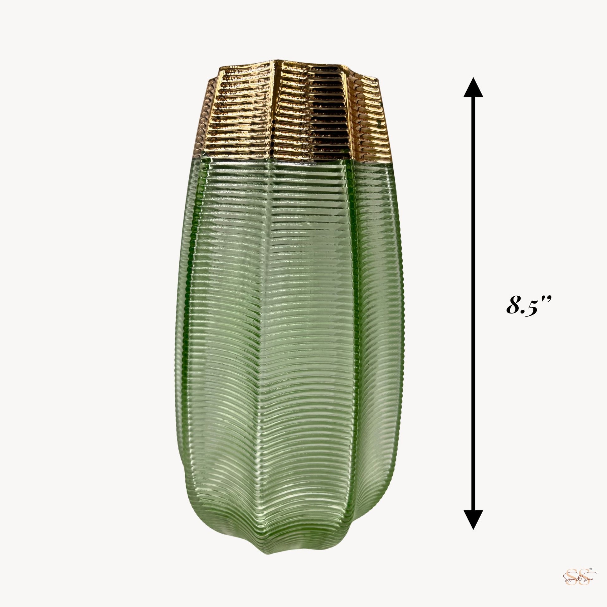 green and gold geometric glass vase standing 8.5 inches tall by Supper & Scene.