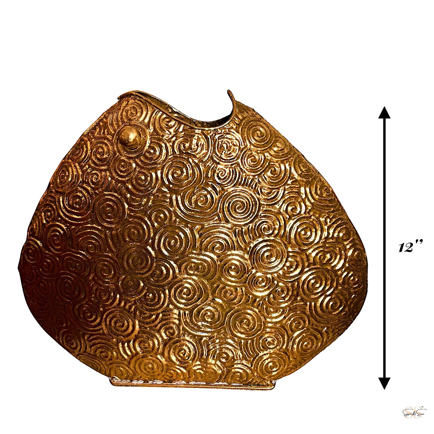 Large 12-inch gold metal décor piece featuring an intricate spiral pattern and asymmetrical opening by Supper & Scene.
