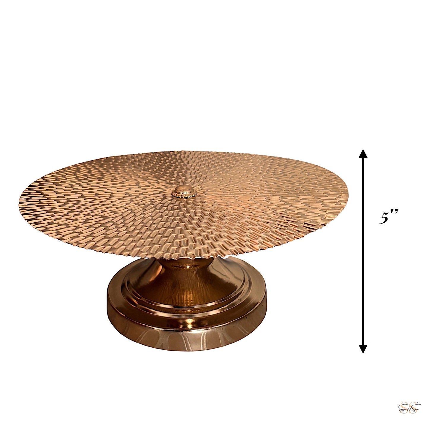 Gold metal pedestal platter with a textured round top displayed against a white background, 5 inches tall, by Supper & Scene.
