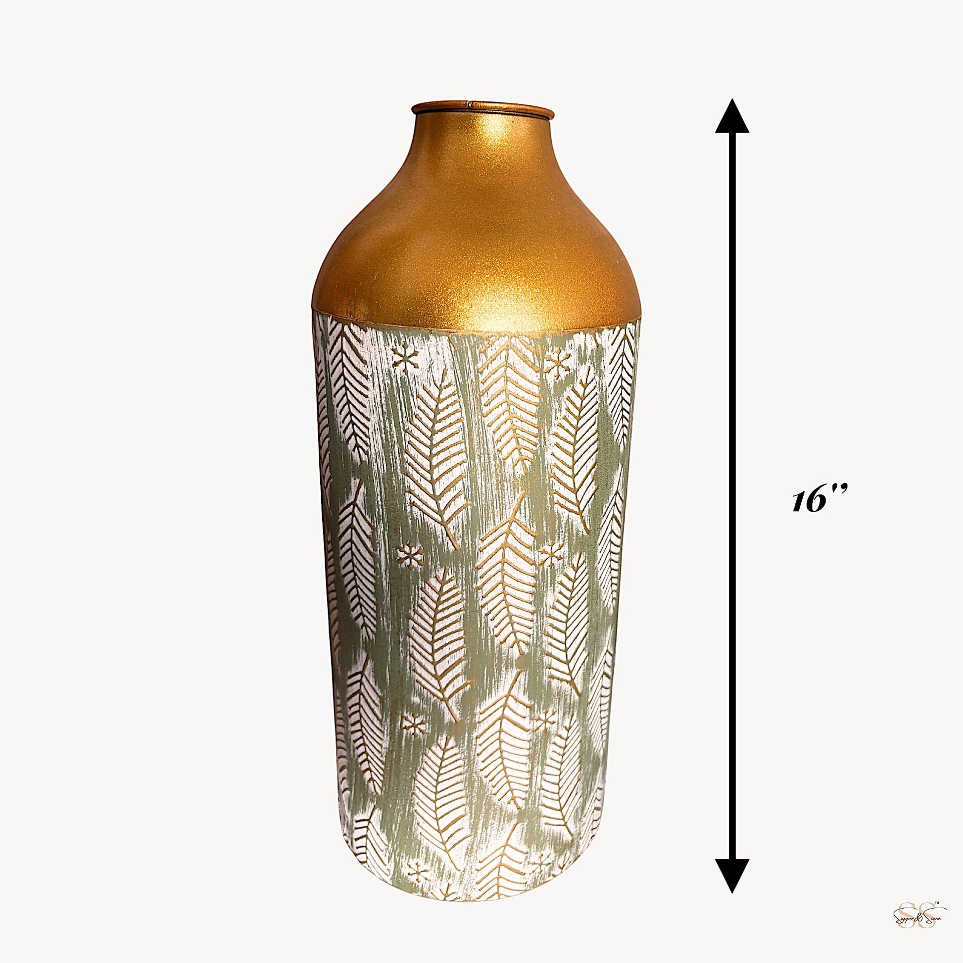 Full view of a 16-inch gold-and-green metal vase featuring white hand-painted leaf motifs by Supper & Scene.