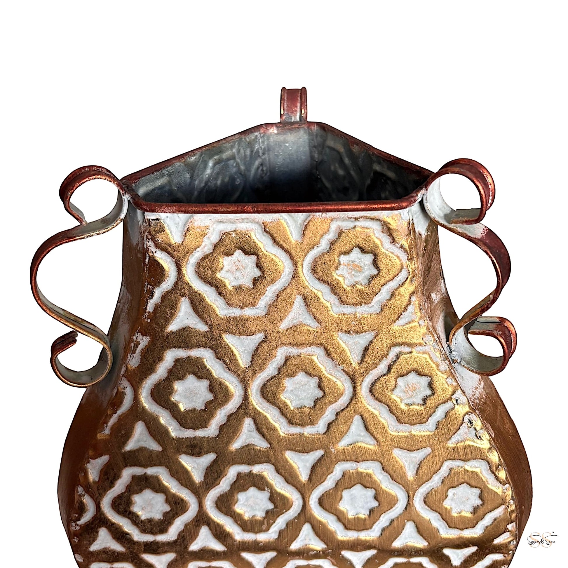 Gold and white patterned metal vase with open top and curled metal handles by Supper & Scene.