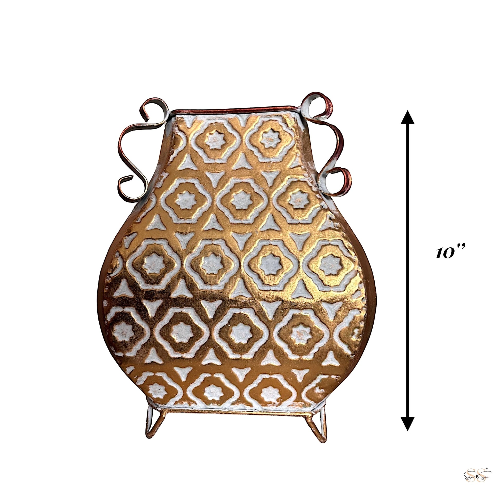 Gold and white embossed metal vase with geometric Moroccan-style pattern and curled side handles, 10-inch height by Supper & Scene.