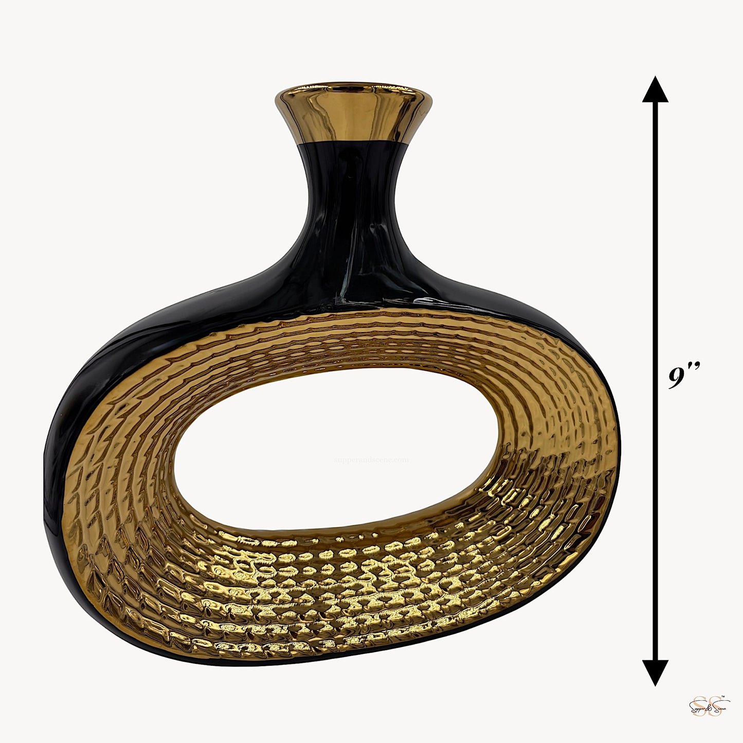 Black and gold oval ceramic vase with a textured metallic interior, 9-inch home décor accent by Supper & Scene.