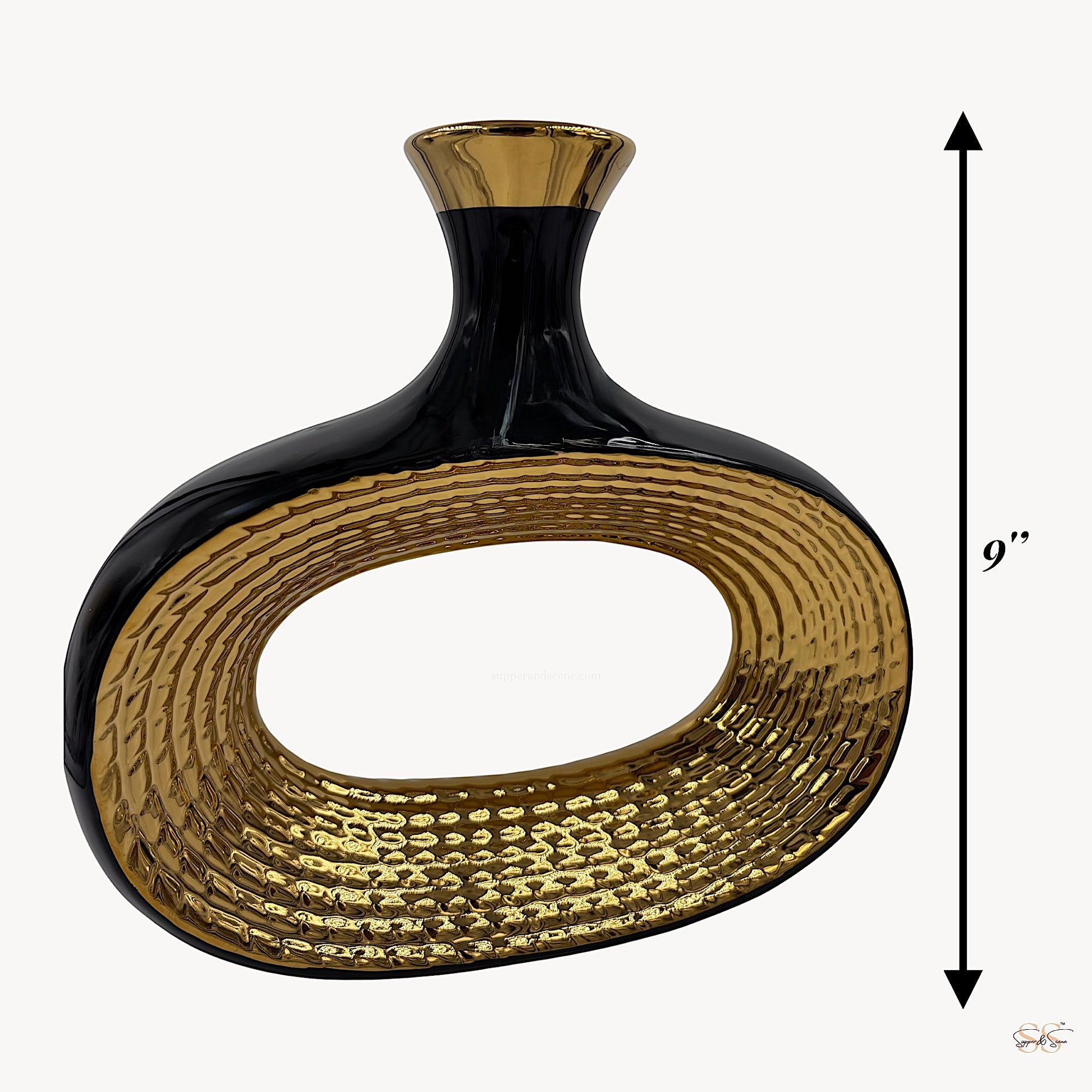 Black and gold oval ceramic vase with a textured metallic interior, 9-inch home décor accent by Supper & Scene.