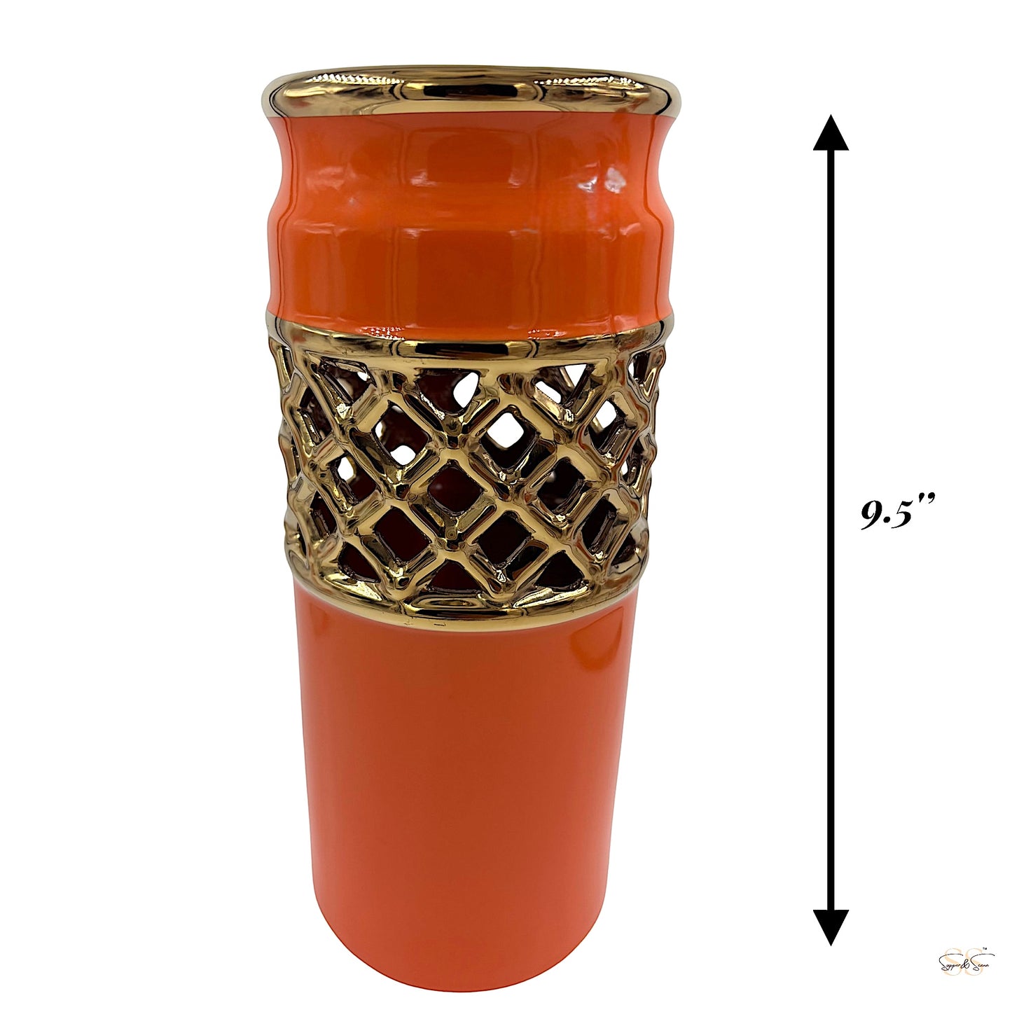 9.5inch Modern orange ceramic vase featuring a shiny gold rim and decorative openwork pattern.