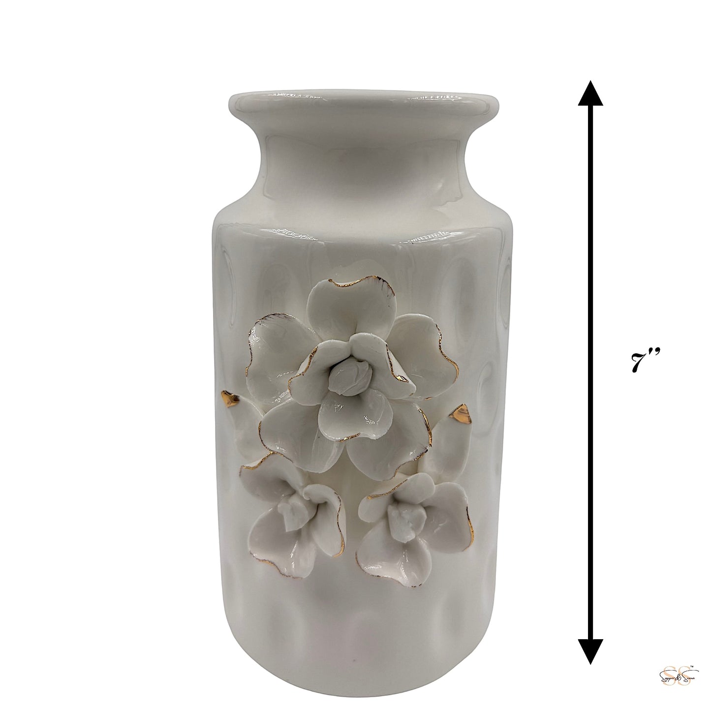 7in Tall white ceramic floral vase with three-dimensional flower detailing and gold accents by supper and scene 
