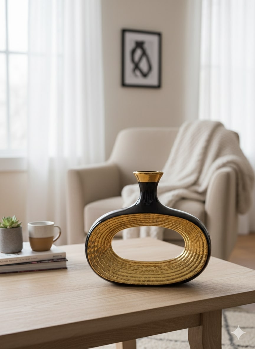 Decorative vase on a wooden table with a blurred living room background by supper and scene