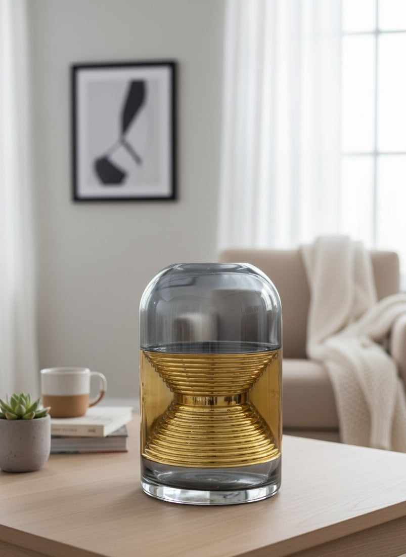Glass vase with geometric design on a table in a living room setting by supper and scene
