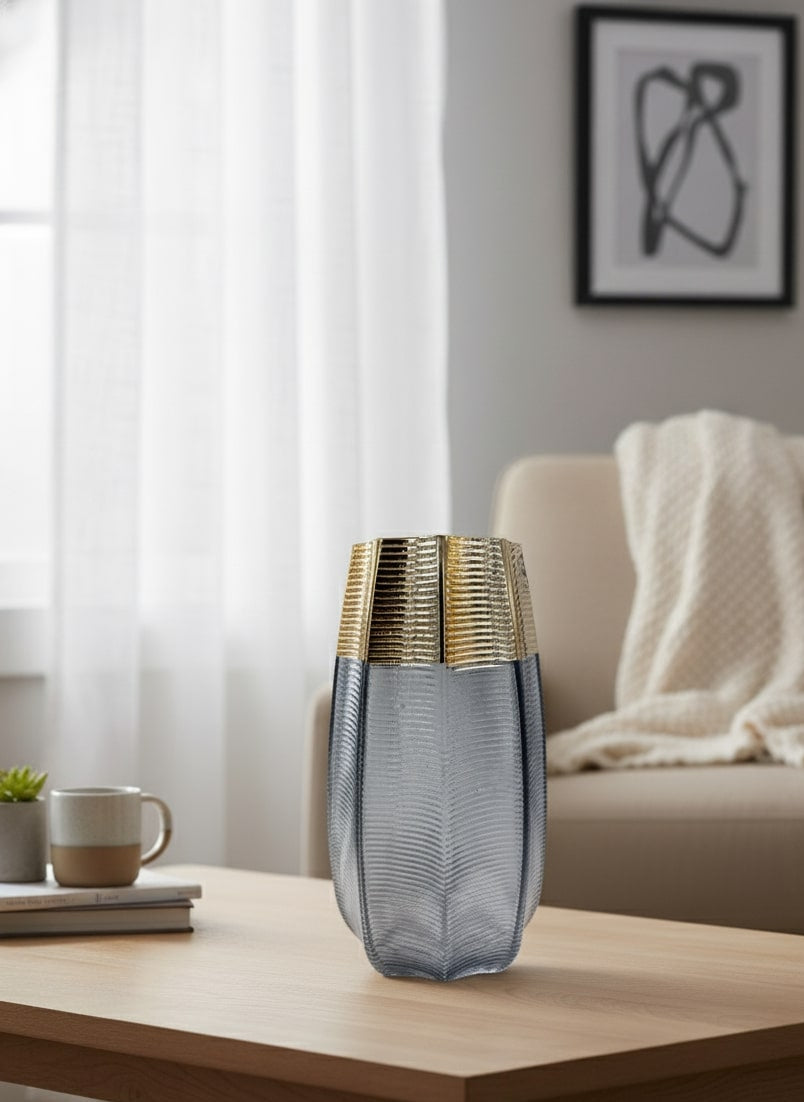 decorative vase on a wooden table with a living room background by supper and scene