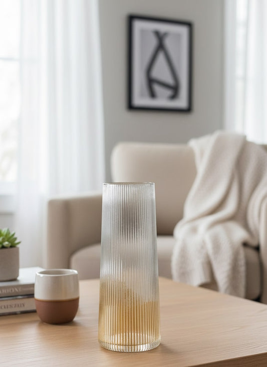 Glass vase on a wooden table in a living room setting by supper and scene