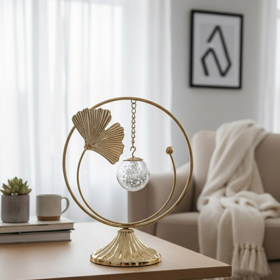 Decorative crystal centerpiece on a table with a blurred living room background by supper and scene