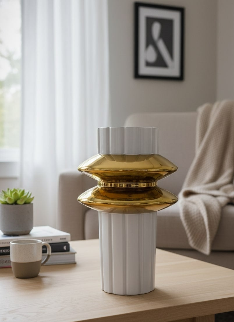 Decorative vase with gold and white design on a wooden table in a living room by supper and scene