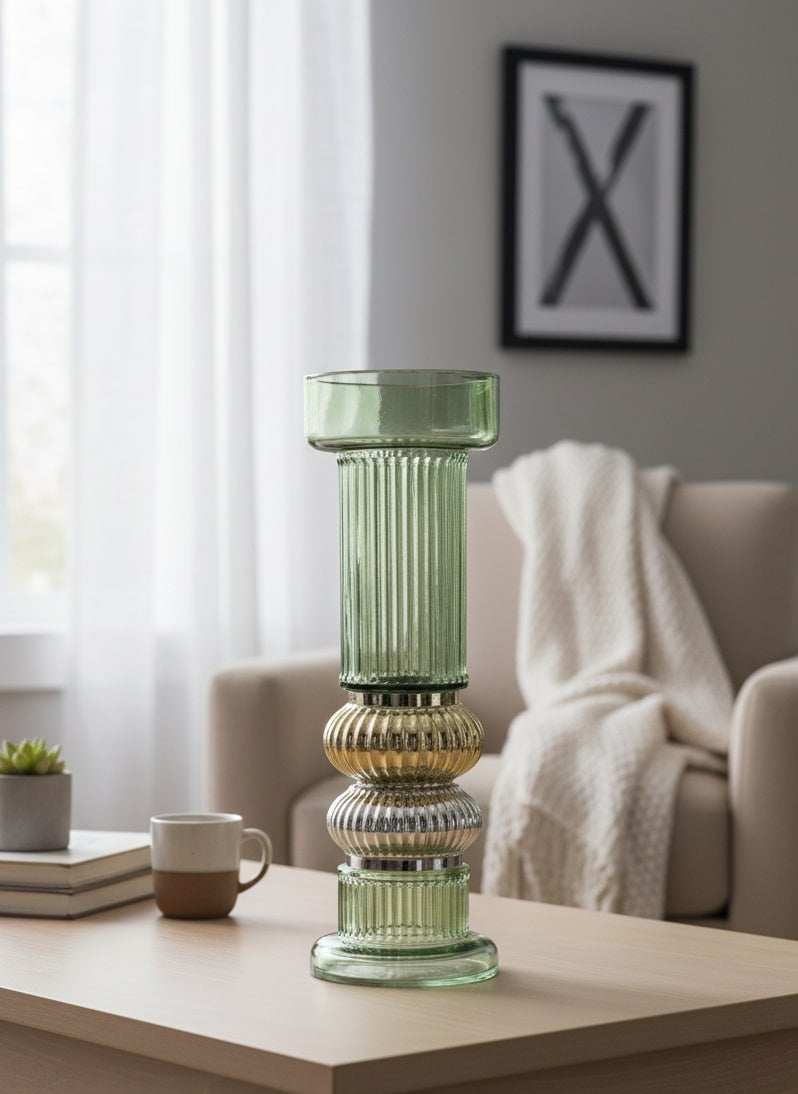 Decorative glass vase on a coffee table in a living room setting by supper and scene