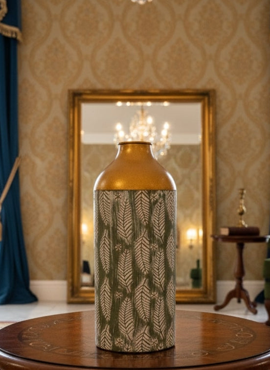 Decorative vase on a wooden table in an elegant room with blue curtains and a mirror.