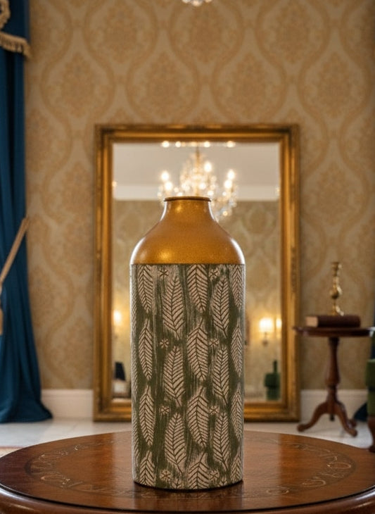 Decorative vase on a wooden table in an elegant room with blue curtains and a mirror.