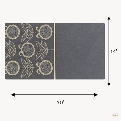 Grey embroidered fabric table runner, 70 × 14 inch, with floral embroidery by Supper & Scene.