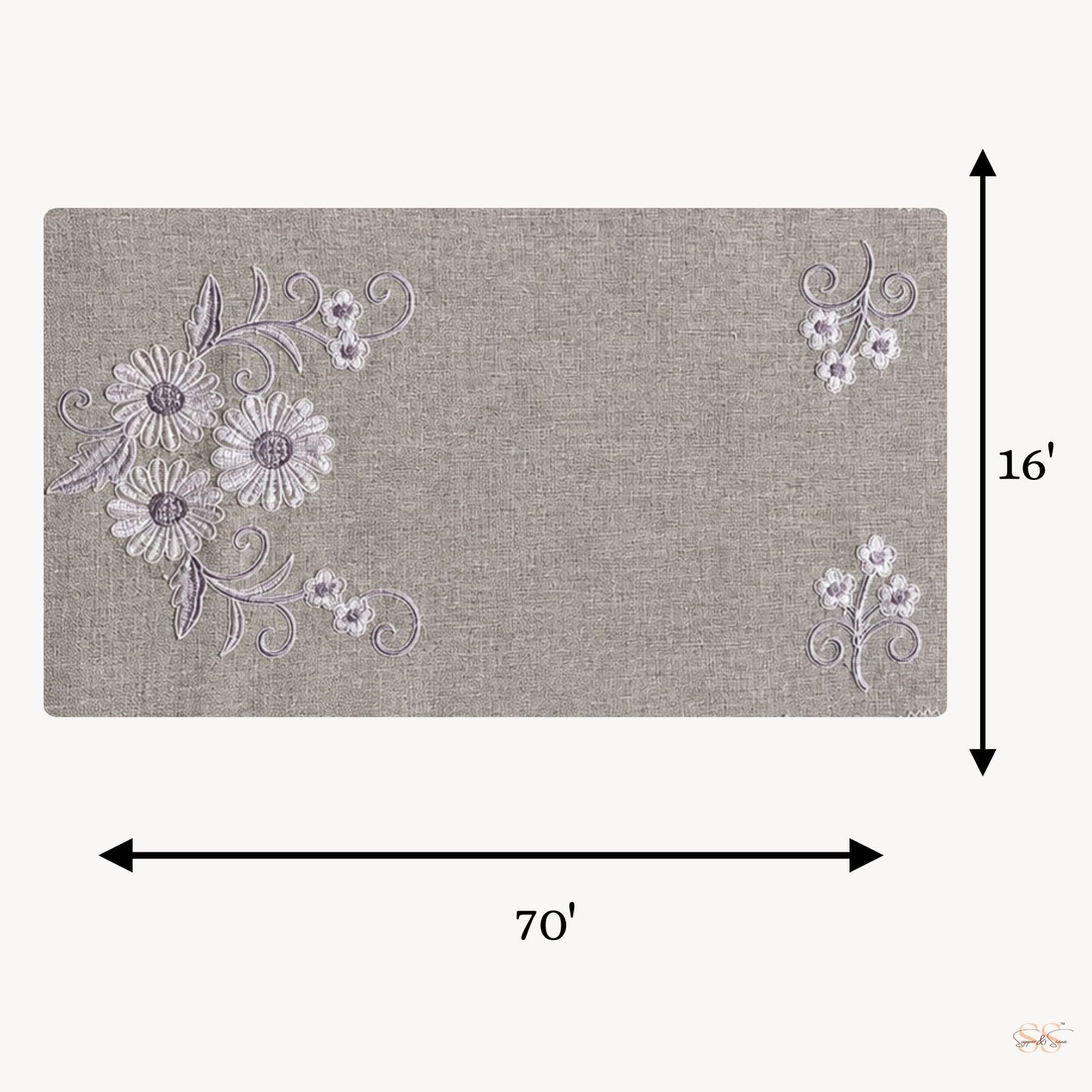 Grey embroidered fabric table runner, 70 × 16 inch, featuring floral embroidery by Supper & Scene.