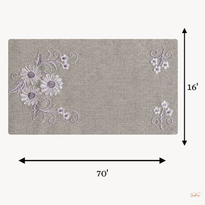 Grey embroidered fabric table runner, 70 × 16 inch, featuring floral embroidery by Supper & Scene.