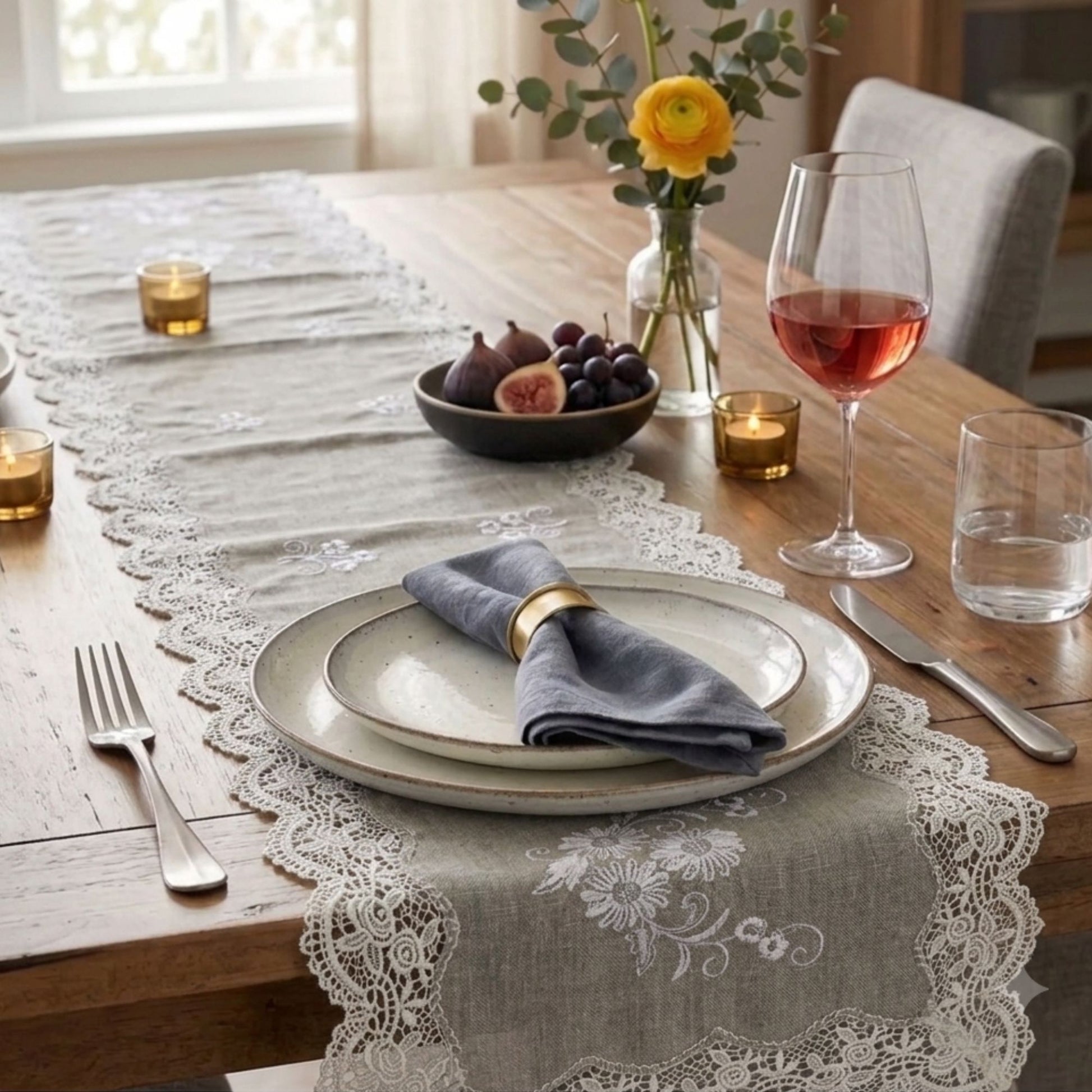 Grey embroidered fabric table runner, 70 × 16 inch, styled on a modern dining table by Supper & Scene.