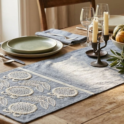 Grey embroidered fabric table runner, 70 × 14 inch, styled on a modern dining table by Supper & Scene.