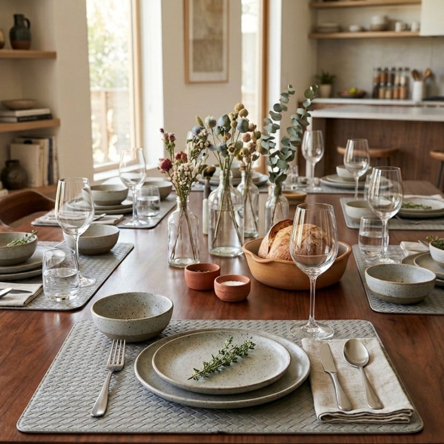 Grey reversible PU leather rectangular table mat set of 6 styled on a modern dining table by Supper & Scene.