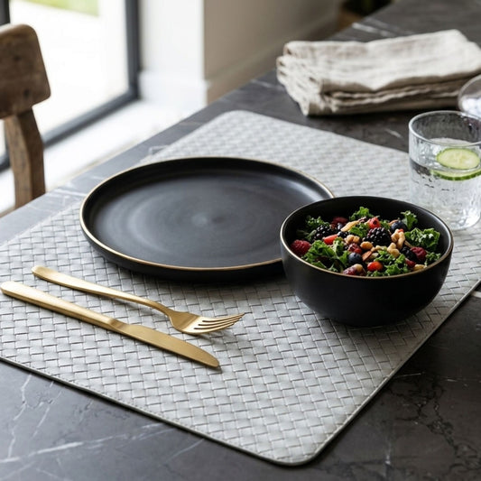 Grey reversible PU leather rectangular table mat set of 6 for everyday dining by Supper & Scene.