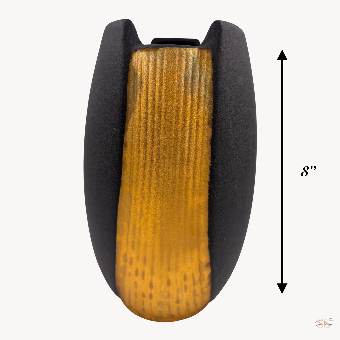 Black and gold textured vase with a measurement label on a white background