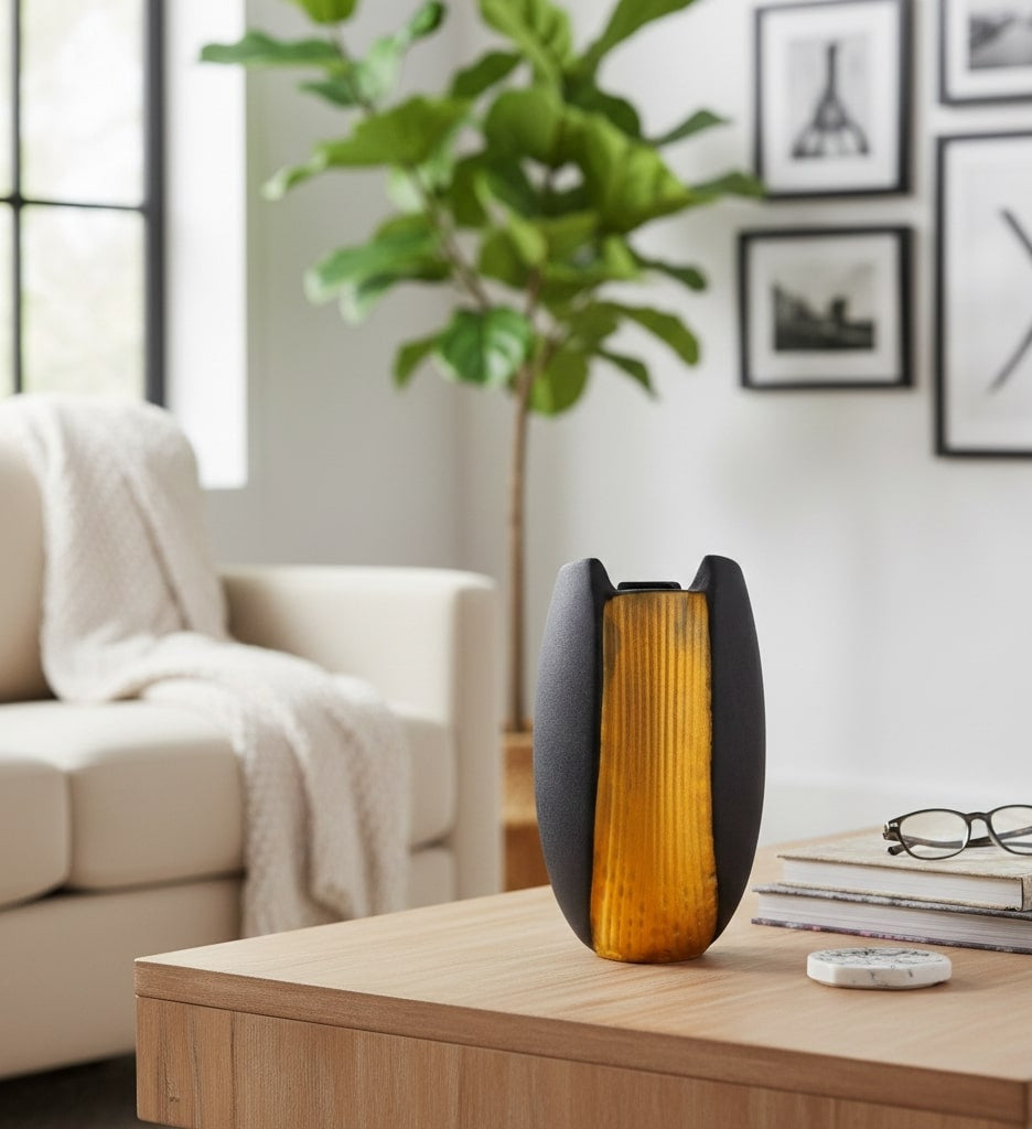 decorative ceramic vase on a wooden table in a living room setting