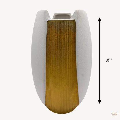 Front view of an 8-inch white ceramic vase with a sculpted form and a bold gold textured stripe down the center by Supper & Scene